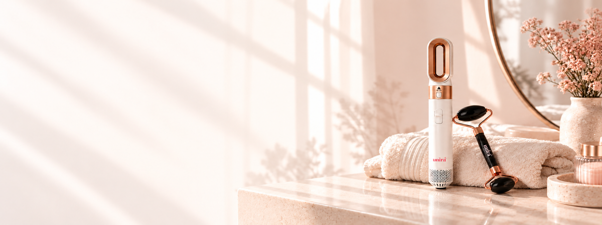 UNIRA beauty tools on a sunlit ivory vanity