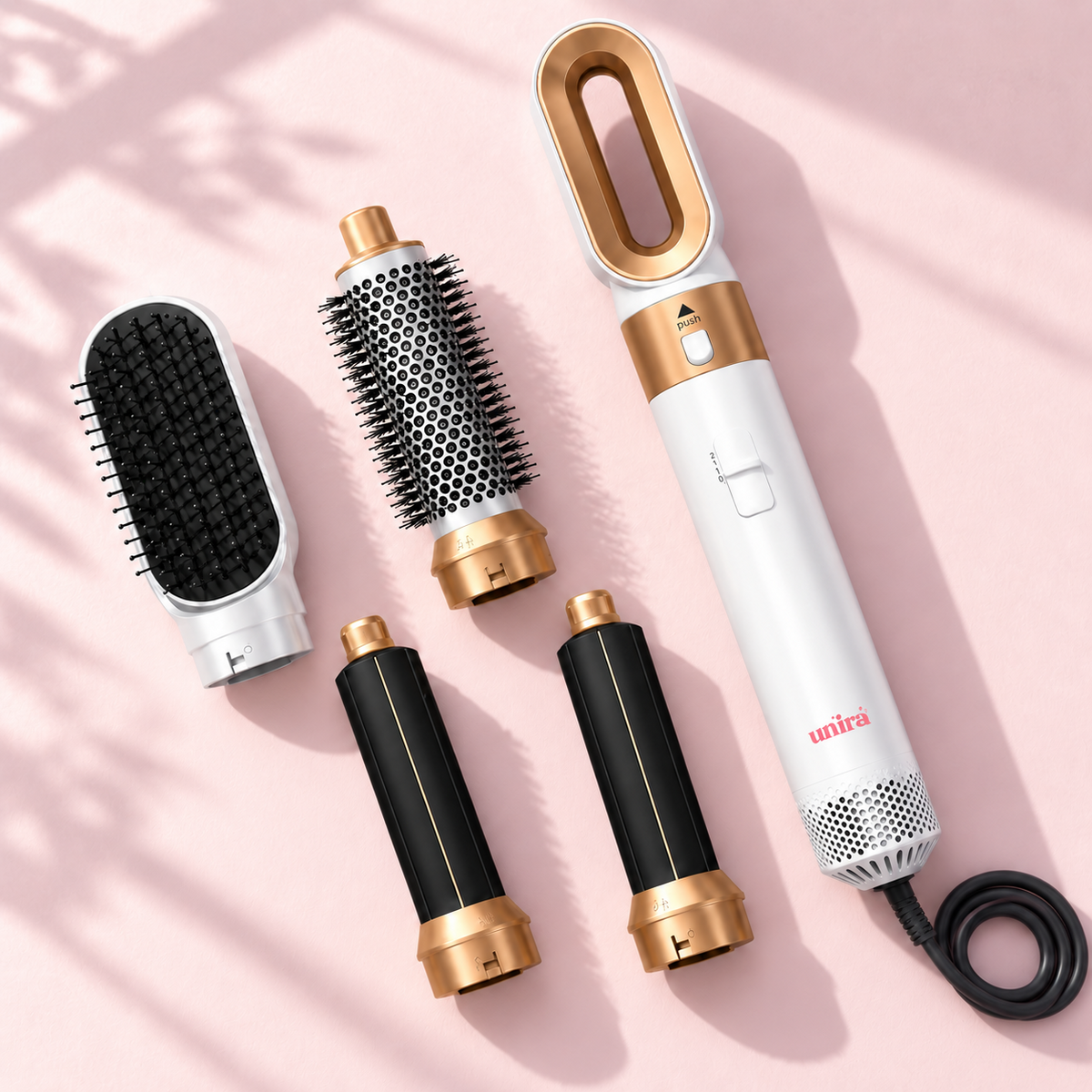 Air styler handle with drying nozzle, two curling barrels, round styling brush and smoothing comb